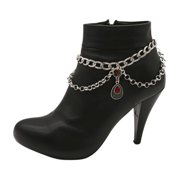 Women Silver Metal Boot Chain Bracelet Shoe Anklet Ethnic Drop Charm Red 2PCS - Picture 1 of 17